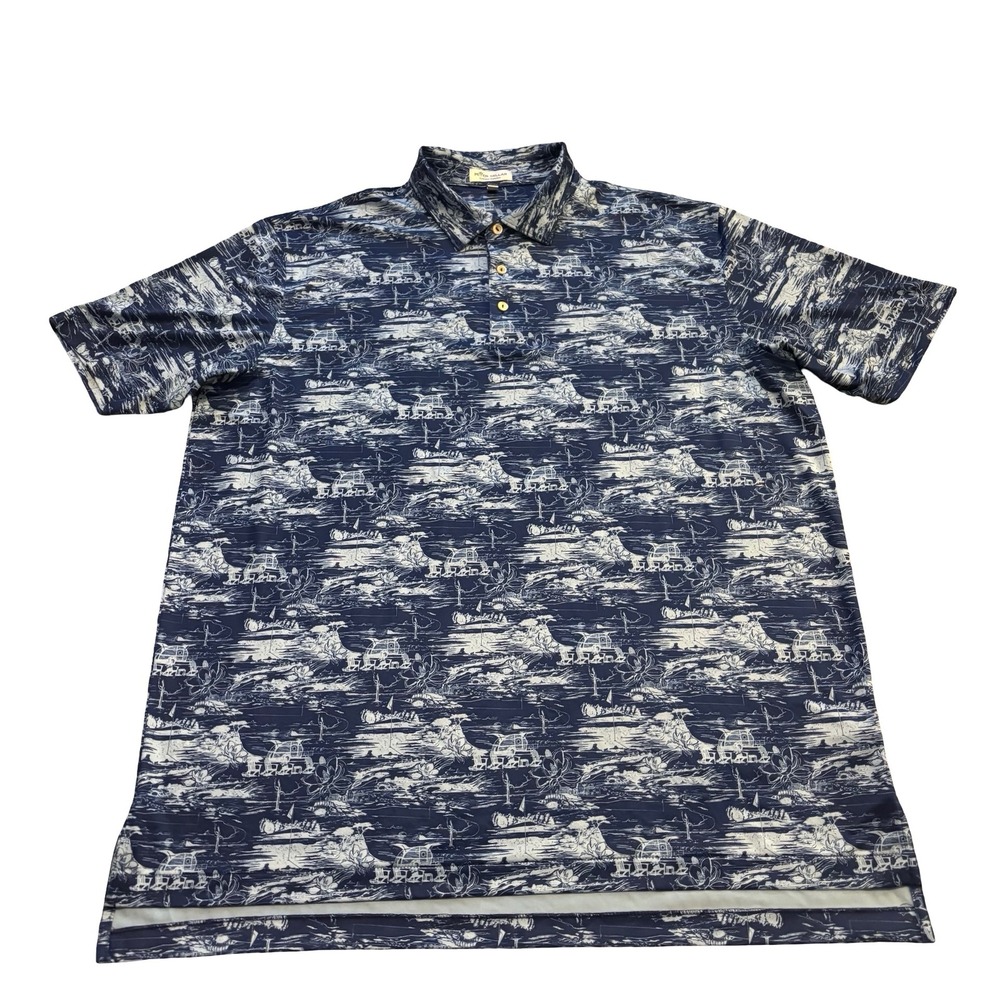 Peter Millar Summer Comfort Mens XL Navy Golf Ocean Print Polo Shirt